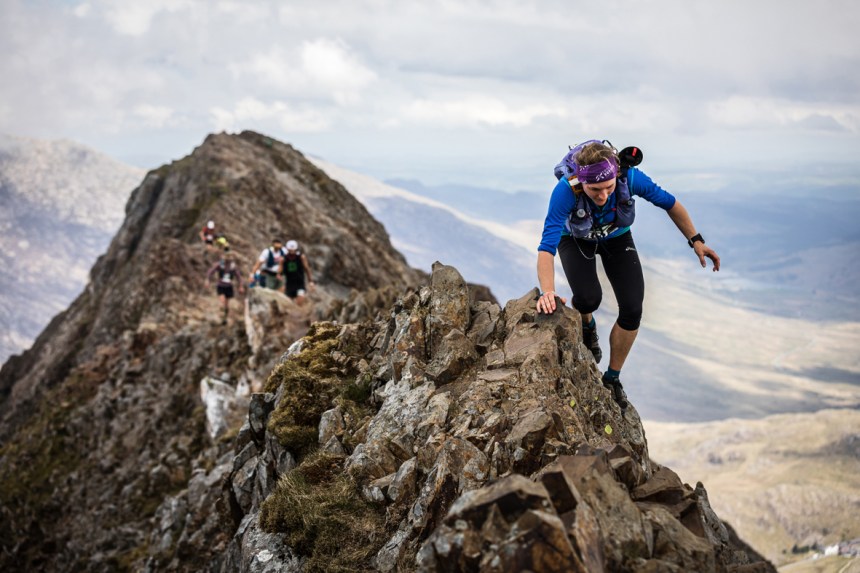 Lisa Watson tackles Crib Goch on day one of the 2019 Berghaus Dragon's Back Race - copyright No Limits Photography